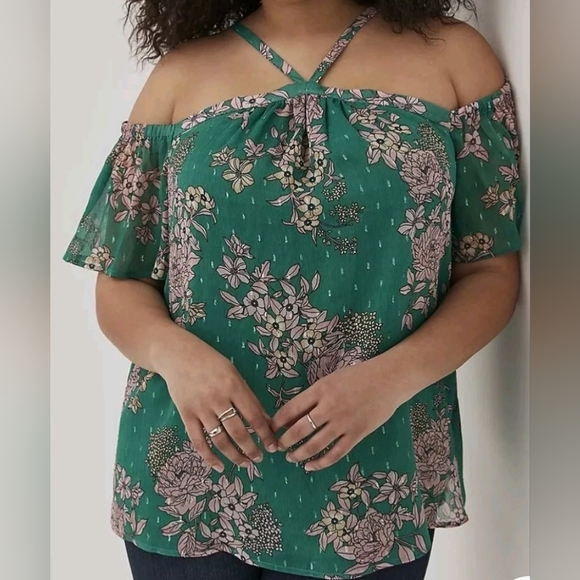 Torrid 2 Floral Green Cold Shoulder Sheer Blouse Top - Picture 1 of 14